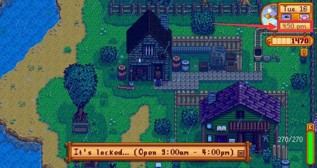 A screenshot from Stardew Valley that shows Clint's shop closed