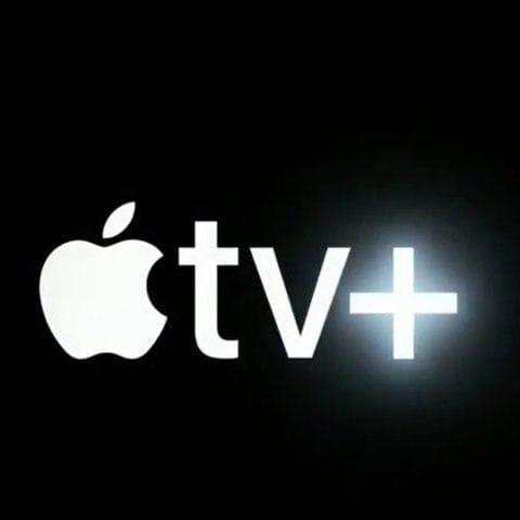 Apple TV+ logo glowing in the center on a black background.