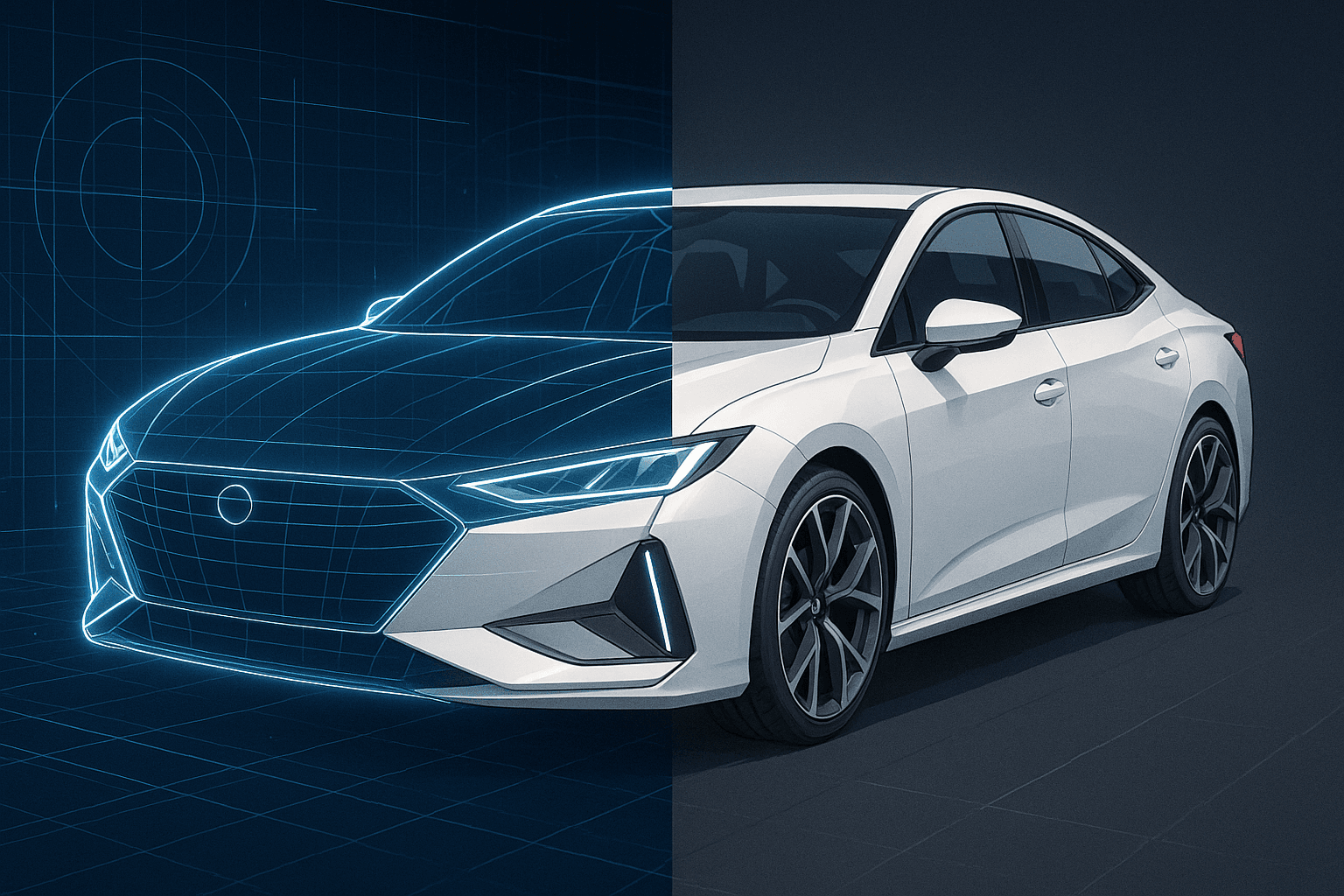 A wireframe or blueprint drawing evolving into a finished design — representing iteration and improvement.