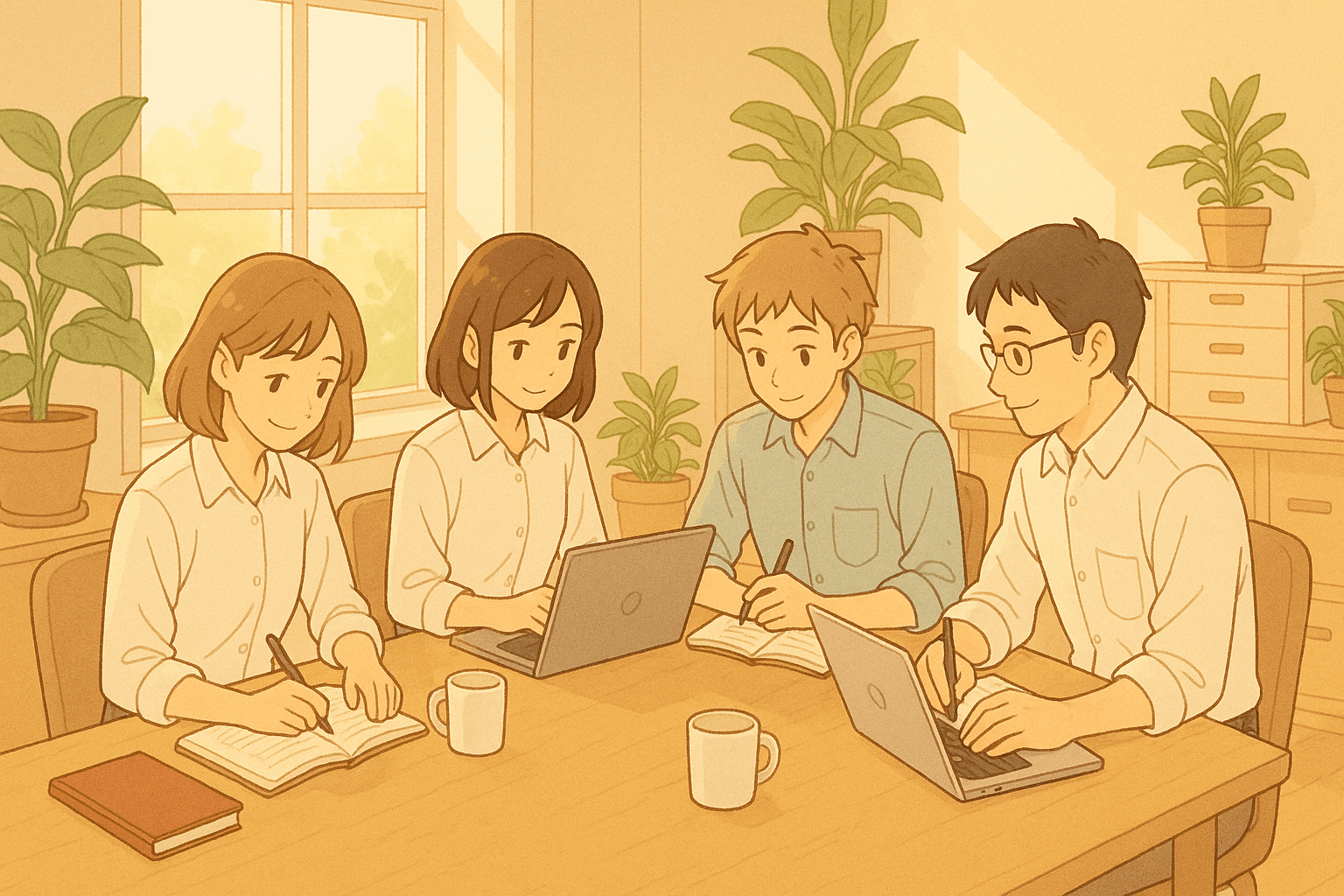 Anime-style office scene with a group of colleagues sitting around a table, working together calmly. Bright natural light, plants, notebooks, laptops. Warm colors, soft lines, showing harmony and focus.