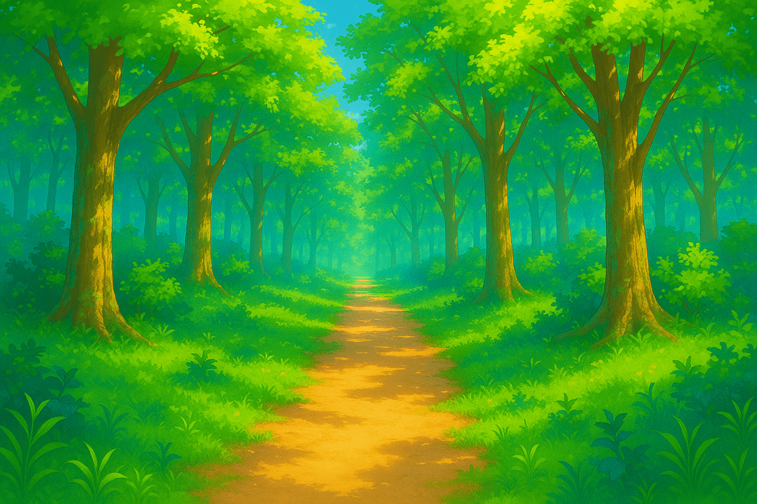Anime-style scenic illustration of a quiet forest with a single clear path leading forward. Soft morning light filtering through trees, calm and serene atmosphere, gentle details evoking purpose and direction.