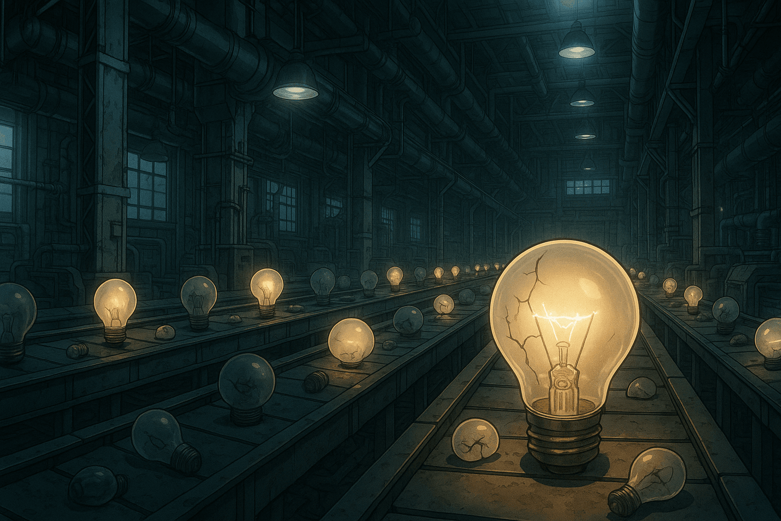 A factory assembly line producing broken or burned-out lightbulbs.