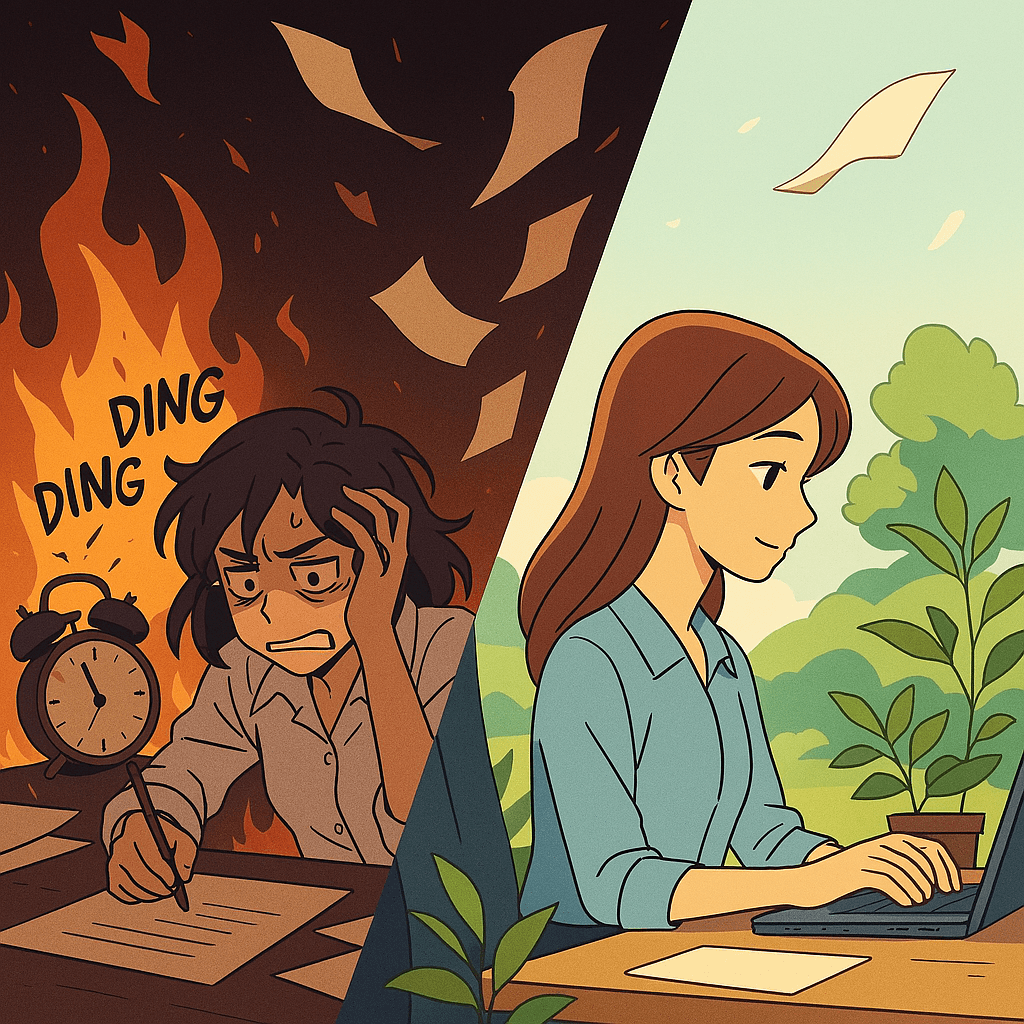 A square canvas is divided into two parts in diagonal. On the left side, it's dark. A tired and anguished woman is trying to keep up with work. Alarm clock blaring identifying deadlines, papers flying, fires burning to identify crazy amount of projects. The landscape is hellish. On the right side, a calm woman is doing her job without the rush. The color palette is light, everything is breezy, there's the feeling of growth and fulfillment.